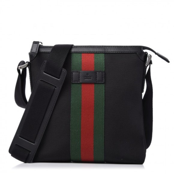 Vintage GUCCI GG Webbing Stripe Green Red Monogram Logo Coated Canvas  Leather Crossbody Shoulder Bag Purse